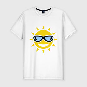 Мужская футболка премиум с принтом Солнышко в очках в Белгороде, 92% хлопок, 8% лайкра | приталенный силуэт, круглый вырез ворота, длина до линии бедра, короткий рукав | smile | смайлики | смайлы | солнце | улыбка