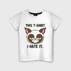 Детская футболка хлопок с принтом This t-shirt i hate it. (Я ненавижу эту футболку) в Белгороде, 100% хлопок | круглый вырез горловины, полуприлегающий силуэт, длина до линии бедер | Тематика изображения на принте: интернет кот | коты | кошки | угрюмый кот