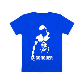 Детская футболка хлопок с принтом Conquer в Белгороде, 100% хлопок | круглый вырез горловины, полуприлегающий силуэт, длина до линии бедер | Тематика изображения на принте: bodybuilding | conquer | power | бодибилдинг | сила | силовой спорт | силовой экстрим | спорт