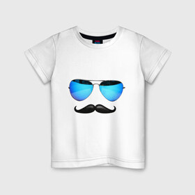 Детская футболка хлопок с принтом Очки с усами в Белгороде, 100% хлопок | круглый вырез горловины, полуприлегающий силуэт, длина до линии бедер | голубые очки | очки | усы | усы с голубыми очками | усы с очками