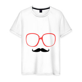 Мужская футболка хлопок с принтом Усы и очки в Белгороде, 100% хлопок | прямой крой, круглый вырез горловины, длина до линии бедер, слегка спущенное плечо. | забавные очки | очки | очки с красной окантовкой | прикольные очки | усы | усы и очки