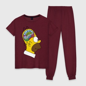 Женская пижама хлопок с принтом Мозг Гомера в Белгороде, 100% хлопок | брюки и футболка прямого кроя, без карманов, на брюках мягкая резинка на поясе и по низу штанин | гомер