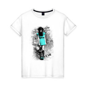 Женская футболка хлопок с принтом City star в Белгороде, 100% хлопок | прямой крой, круглый вырез горловины, длина до линии бедер, слегка спущенное плечо | газетный принт | газеты | девушка | фотография девушки