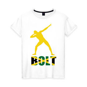 Женская футболка хлопок с принтом Усейн Болт в Белгороде, 100% хлопок | прямой крой, круглый вырез горловины, длина до линии бедер, слегка спущенное плечо | бегун | легкая атлетика | легкоатлет | спорт | спортсмен