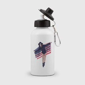 Бутылка спортивная с принтом American girl в Белгороде, металл | емкость — 500 мл, в комплекте две пластиковые крышки и карабин для крепления | swag | usa | америка | американский флаг | девушка | сша