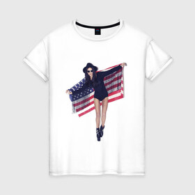 Женская футболка хлопок с принтом American girl в Белгороде, 100% хлопок | прямой крой, круглый вырез горловины, длина до линии бедер, слегка спущенное плечо | swag | usa | америка | американский флаг | девушка | сша