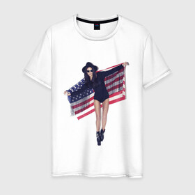 Мужская футболка хлопок с принтом American girl в Белгороде, 100% хлопок | прямой крой, круглый вырез горловины, длина до линии бедер, слегка спущенное плечо. | swag | usa | америка | американский флаг | девушка | сша