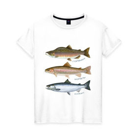 Женская футболка хлопок с принтом Лососевые в Белгороде, 100% хлопок | прямой крой, круглый вырез горловины, длина до линии бедер, слегка спущенное плечо | горбуша | кижуч | рыба | рыбалка | рыбачить | туризм | туристические | туристу | улов | форель