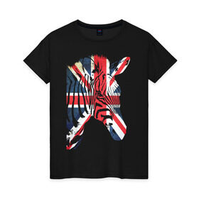 Женская футболка хлопок с принтом Британская зебра в Белгороде, 100% хлопок | прямой крой, круглый вырез горловины, длина до линии бедер, слегка спущенное плечо | Тематика изображения на принте: dtg | england | англия | британия | британский флаг | великобритания | животные | прикольные картинки