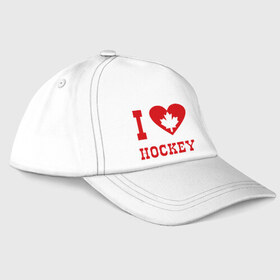 Бейсболка с принтом Я люблю канадский хоккей. в Белгороде, 100% хлопок | классический козырек, металлическая застежка-регулятор размера | Тематика изображения на принте: hockey | i love hochey | канада | кленовые листья | спорт | хоккей | я люблю хоккей