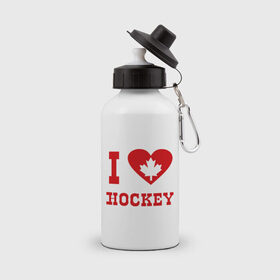 Бутылка спортивная с принтом Я люблю канадский хоккей. в Белгороде, металл | емкость — 500 мл, в комплекте две пластиковые крышки и карабин для крепления | Тематика изображения на принте: hockey | i love hochey | канада | кленовые листья | спорт | хоккей | я люблю хоккей