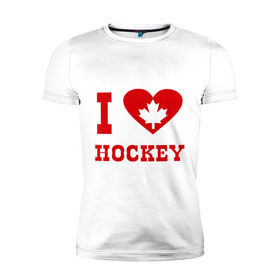 Мужская футболка премиум с принтом Я люблю канадский хоккей. в Белгороде, 92% хлопок, 8% лайкра | приталенный силуэт, круглый вырез ворота, длина до линии бедра, короткий рукав | Тематика изображения на принте: hockey | i love hochey | канада | кленовые листья | спорт | хоккей | я люблю хоккей