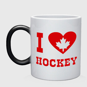 Кружка хамелеон с принтом Я люблю канадский хоккей. в Белгороде, керамика | меняет цвет при нагревании, емкость 330 мл | Тематика изображения на принте: hockey | i love hochey | канада | кленовые листья | спорт | хоккей | я люблю хоккей