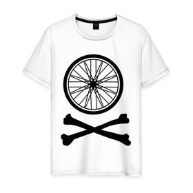 Мужская футболка хлопок с принтом Bicycle в Белгороде, 100% хлопок | прямой крой, круглый вырез горловины, длина до линии бедер, слегка спущенное плечо. | bicycle | две кости | колесо | колесо от велосипеда | кости | кости с колесом | перекошенные кости