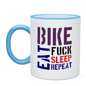 Кружка двухцветная с принтом Bike eat sleep repeat в Белгороде, керамика | объем — 330 мл, диаметр — 80 мм. Цветная ручка и кайма сверху, в некоторых цветах — вся внутренняя часть | bicycle | bike | bike eat sleep repeat | eat | repeat | sleep | велик | велосипед | велосипедист