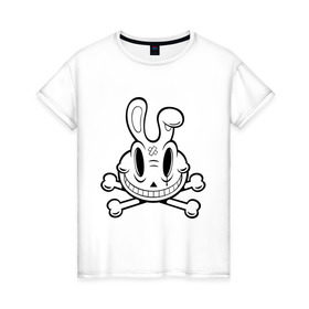 Женская футболка хлопок с принтом Улыбающийся кролик. в Белгороде, 100% хлопок | прямой крой, круглый вырез горловины, длина до линии бедер, слегка спущенное плечо | животные | кости | скелетон | черепок | черепушка