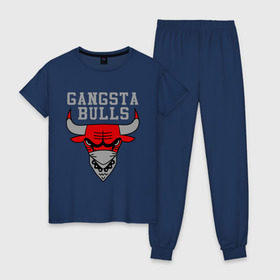 Женская пижама хлопок с принтом Gangsta bulls в Белгороде, 100% хлопок | брюки и футболка прямого кроя, без карманов, на брюках мягкая резинка на поясе и по низу штанин | bshirts | bulls | cihago bulls | gangsta bulls | swag | sweg | бык | красный бык | сваг | свег | чикаго булс