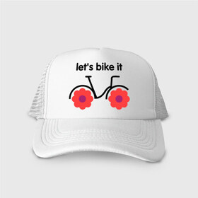 Кепка тракер с сеткой с принтом Цветочный велик в Белгороде, трикотажное полотно; задняя часть — сетка | длинный козырек, универсальный размер, пластиковая застежка | bike | lets bike it | ride | байк | велик | велогонщик | велопробег | велосипед | велосипедист | велоспорт | кататься | прокатись | цветок | цветы