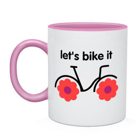 Кружка двухцветная с принтом Цветочный велик в Белгороде, керамика | объем — 330 мл, диаметр — 80 мм. Цветная ручка и кайма сверху, в некоторых цветах — вся внутренняя часть | Тематика изображения на принте: bike | lets bike it | ride | байк | велик | велогонщик | велопробег | велосипед | велосипедист | велоспорт | кататься | прокатись | цветок | цветы
