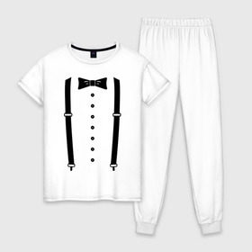 Женская пижама хлопок с принтом Gentleman в Белгороде, 100% хлопок | брюки и футболка прямого кроя, без карманов, на брюках мягкая резинка на поясе и по низу штанин | галстук | костюм | одежда | подтяжки | рубашка