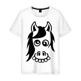 Мужская футболка хлопок с принтом Funny Horse в Белгороде, 100% хлопок | прямой крой, круглый вырез горловины, длина до линии бедер, слегка спущенное плечо. | животные | зубы | конь | коняшка | лошадка | лошадь