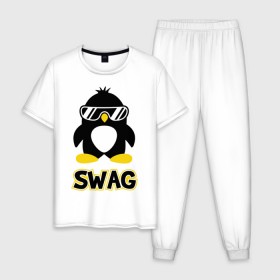 Мужская пижама хлопок с принтом SWAG Penguin в Белгороде, 100% хлопок | брюки и футболка прямого кроя, без карманов, на брюках мягкая резинка на поясе и по низу штанин
 | пингвин