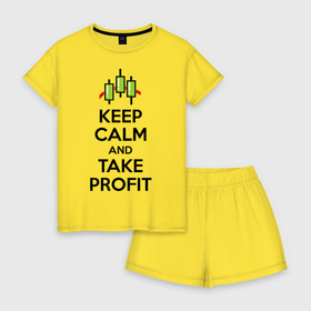 Женская пижама с шортиками хлопок с принтом Keep calm andTake profit. в Белгороде, 100% хлопок | футболка прямого кроя, шорты свободные с широкой мягкой резинкой | keep calm | take profit | делайте прибыль | прибыль | сохраняйте спокойствие