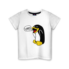 Детская футболка хлопок с принтом Пингвин: Linux в Белгороде, 100% хлопок | круглый вырез горловины, полуприлегающий силуэт, длина до линии бедер | пингвин