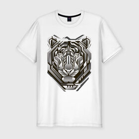 Мужская футболка премиум с принтом Geometric tiger в Белгороде, 92% хлопок, 8% лайкра | приталенный силуэт, круглый вырез ворота, длина до линии бедра, короткий рукав | geometric drawing | geometry | metal tiger | tiger | геометрический рисунок | геометрия | металлический тигр | тигр