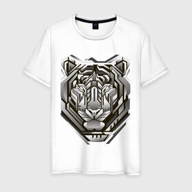 Мужская футболка хлопок с принтом Geometric tiger в Белгороде, 100% хлопок | прямой крой, круглый вырез горловины, длина до линии бедер, слегка спущенное плечо. | Тематика изображения на принте: geometric drawing | geometry | metal tiger | tiger | геометрический рисунок | геометрия | металлический тигр | тигр
