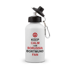 Бутылка спортивная с принтом keep calm i am Borussia Dortmund fan в Белгороде, металл | емкость — 500 мл, в комплекте две пластиковые крышки и карабин для крепления | football | болельщикам | борусия | боруссия | спорт | фк | футбольнsй клуб | футбольные