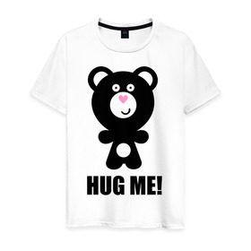 Мужская футболка хлопок с принтом Hug me в Белгороде, 100% хлопок | прямой крой, круглый вырез горловины, длина до линии бедер, слегка спущенное плечо. | Тематика изображения на принте: hug me | медведь | мишка | обноми меня | объятия