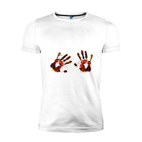 Мужская футболка премиум с принтом Отпечатки рук (краска) в Белгороде, 92% хлопок, 8% лайкра | приталенный силуэт, круглый вырез ворота, длина до линии бедра, короткий рукав | Тематика изображения на принте: ладони | пальцы | прикольные картинки | руки