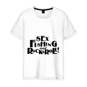 Мужская футболка хлопок с принтом Sex fishing & rock`n`roll в Белгороде, 100% хлопок | прямой крой, круглый вырез горловины, длина до линии бедер, слегка спущенное плечо. | Тематика изображения на принте: для рыбака | рыбалка