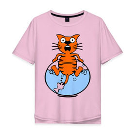 Мужская футболка хлопок Oversize с принтом Кот в аквариуме в Белгороде, 100% хлопок | свободный крой, круглый ворот, “спинка” длиннее передней части | cat | испуганный кот | кот в воде | рыба за хвост | смешной кот
