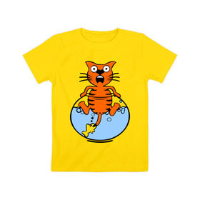Детская футболка хлопок с принтом Кот в аквариуме в Белгороде, 100% хлопок | круглый вырез горловины, полуприлегающий силуэт, длина до линии бедер | cat | испуганный кот | кот в воде | рыба за хвост | смешной кот