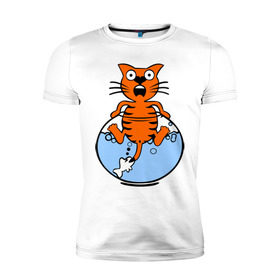 Мужская футболка премиум с принтом Кот в аквариуме в Белгороде, 92% хлопок, 8% лайкра | приталенный силуэт, круглый вырез ворота, длина до линии бедра, короткий рукав | cat | испуганный кот | кот в воде | рыба за хвост | смешной кот
