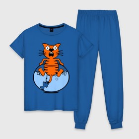 Женская пижама хлопок с принтом Кот в аквариуме в Белгороде, 100% хлопок | брюки и футболка прямого кроя, без карманов, на брюках мягкая резинка на поясе и по низу штанин | cat | испуганный кот | кот в воде | рыба за хвост | смешной кот