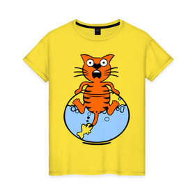 Женская футболка хлопок с принтом Кот в аквариуме в Белгороде, 100% хлопок | прямой крой, круглый вырез горловины, длина до линии бедер, слегка спущенное плечо | cat | испуганный кот | кот в воде | рыба за хвост | смешной кот