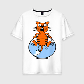 Женская футболка хлопок Oversize с принтом Кот в аквариуме в Белгороде, 100% хлопок | свободный крой, круглый ворот, спущенный рукав, длина до линии бедер
 | cat | испуганный кот | кот в воде | рыба за хвост | смешной кот