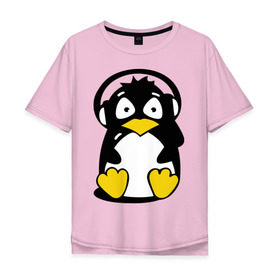 Мужская футболка хлопок Oversize с принтом Пингвин в наушниках в Белгороде, 100% хлопок | свободный крой, круглый ворот, “спинка” длиннее передней части | животные | пингвиненок | пингвинчик | прикольные картинки