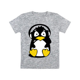 Детская футболка хлопок с принтом Пингвин в наушниках в Белгороде, 100% хлопок | круглый вырез горловины, полуприлегающий силуэт, длина до линии бедер | Тематика изображения на принте: животные | пингвиненок | пингвинчик | прикольные картинки