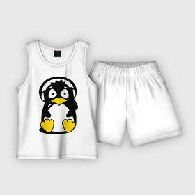 Детская пижама с шортами хлопок с принтом Пингвин в наушниках в Белгороде,  |  | Тематика изображения на принте: животные | пингвиненок | пингвинчик | прикольные картинки