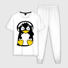 Мужская пижама хлопок с принтом Пингвин в наушниках в Белгороде, 100% хлопок | брюки и футболка прямого кроя, без карманов, на брюках мягкая резинка на поясе и по низу штанин
 | животные | пингвиненок | пингвинчик | прикольные картинки