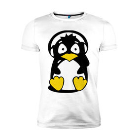 Мужская футболка премиум с принтом Пингвин в наушниках в Белгороде, 92% хлопок, 8% лайкра | приталенный силуэт, круглый вырез ворота, длина до линии бедра, короткий рукав | животные | пингвиненок | пингвинчик | прикольные картинки