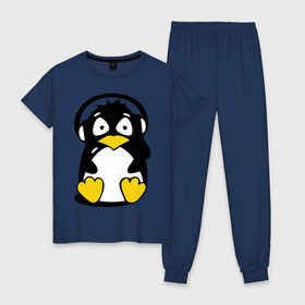 Женская пижама хлопок с принтом Пингвин в наушниках в Белгороде, 100% хлопок | брюки и футболка прямого кроя, без карманов, на брюках мягкая резинка на поясе и по низу штанин | животные | пингвиненок | пингвинчик | прикольные картинки