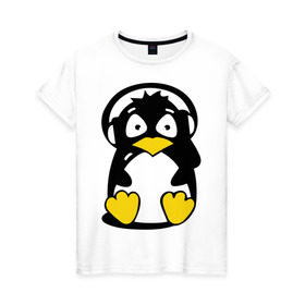Женская футболка хлопок с принтом Пингвин в наушниках в Белгороде, 100% хлопок | прямой крой, круглый вырез горловины, длина до линии бедер, слегка спущенное плечо | животные | пингвиненок | пингвинчик | прикольные картинки