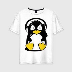 Женская футболка хлопок Oversize с принтом Пингвин в наушниках в Белгороде, 100% хлопок | свободный крой, круглый ворот, спущенный рукав, длина до линии бедер
 | животные | пингвиненок | пингвинчик | прикольные картинки