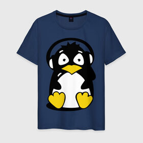 Мужская футболка хлопок с принтом Пингвин в наушниках в Белгороде, 100% хлопок | прямой крой, круглый вырез горловины, длина до линии бедер, слегка спущенное плечо. | животные | пингвиненок | пингвинчик | прикольные картинки