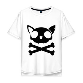Мужская футболка хлопок Oversize с принтом кошачий пиратскй флаг в Белгороде, 100% хлопок | свободный крой, круглый ворот, “спинка” длиннее передней части | кости | кошачий пиратский флаг | пиратский флаг | череп | череп кошки